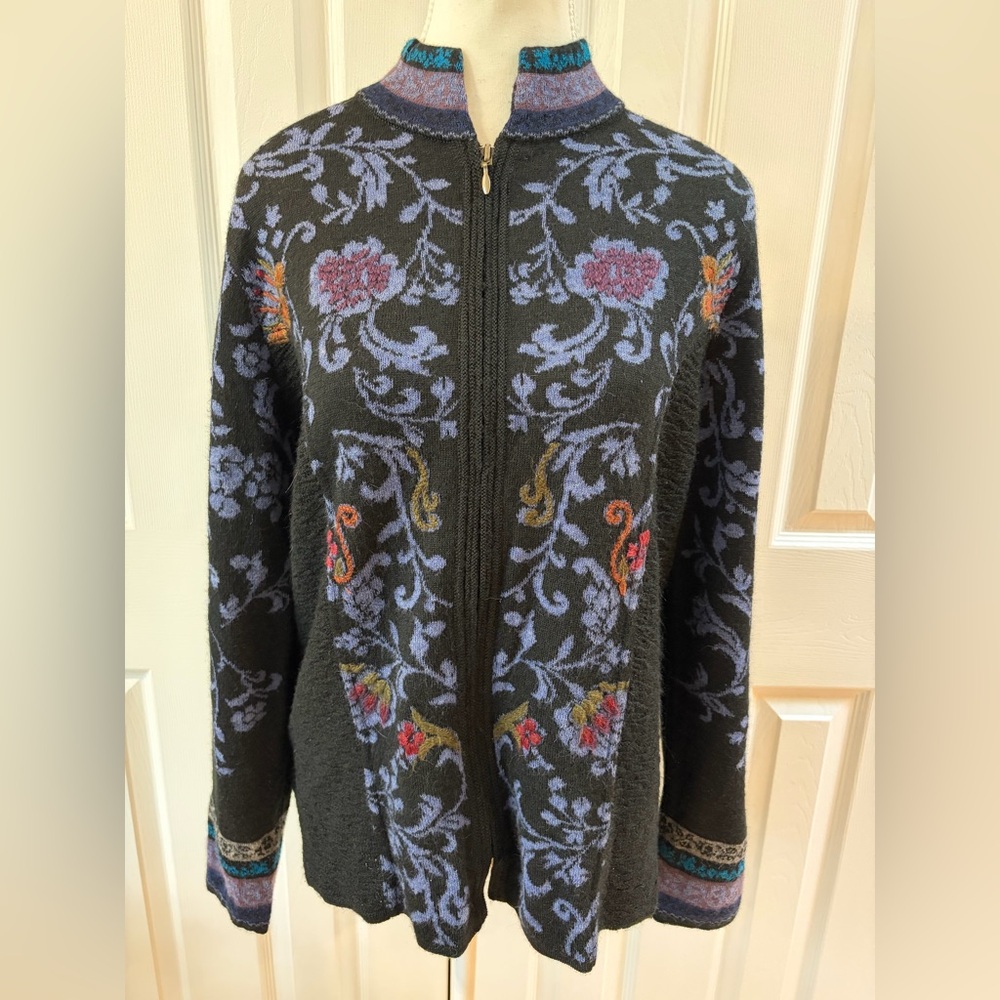 NorthStyle Black Floral Alpaca Blend Zip Up Cardigan Size M